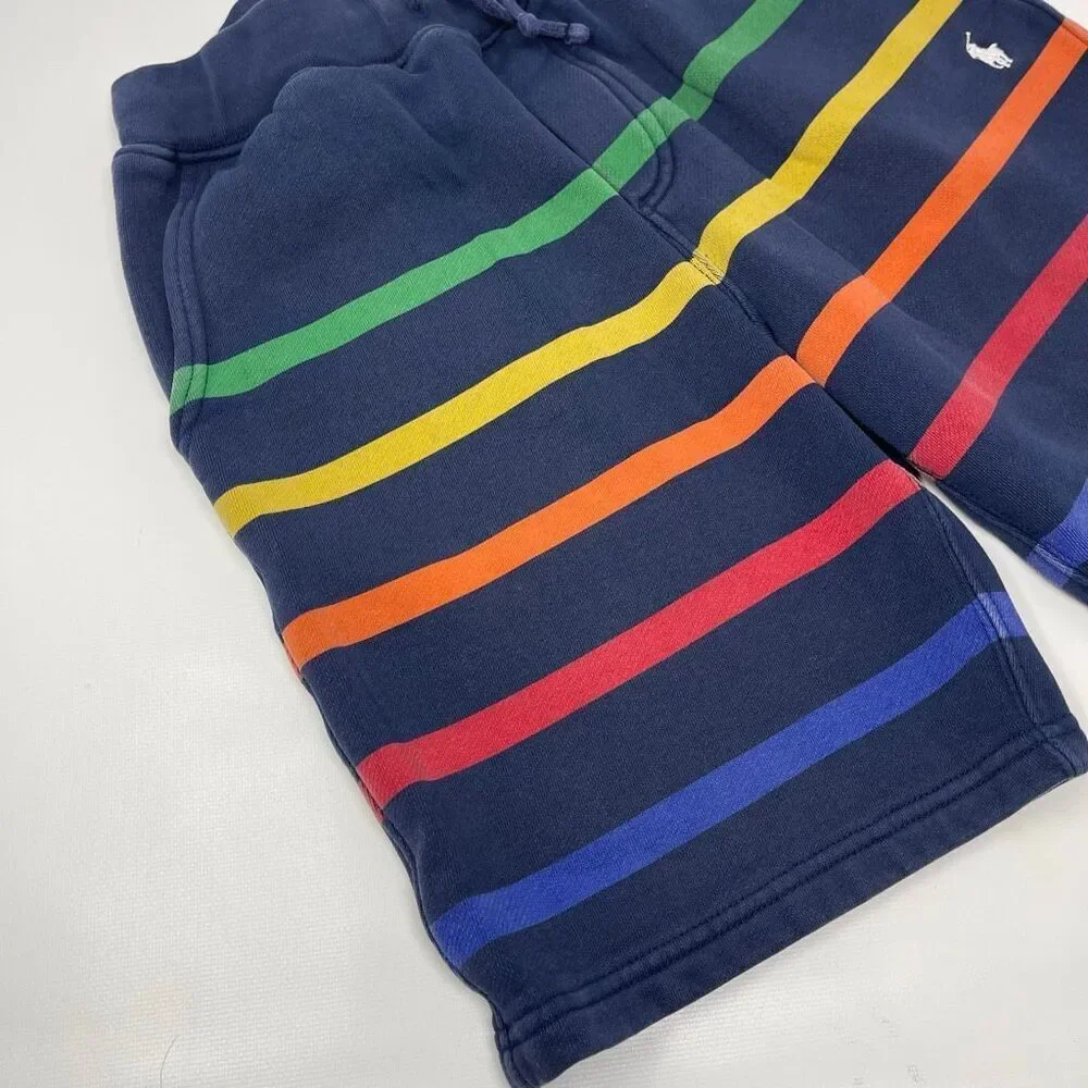 Polo Ralph Lauren Fleece Blue Rainbow Striped Shorts Boys Size Medium 10-12